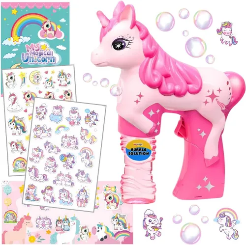 Vista 7 de Pistola de burbujas de unicornio rosa para niños, juguete soplador automático de burbujas Lindo lanzador de burbujas para niños pequeños, niños