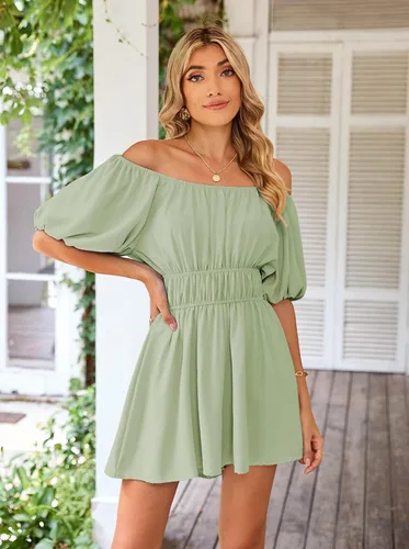 Vista 2 de Linsery Overol corto de verano para mujer, con hombros descubiertos, manga abombada, con volantes