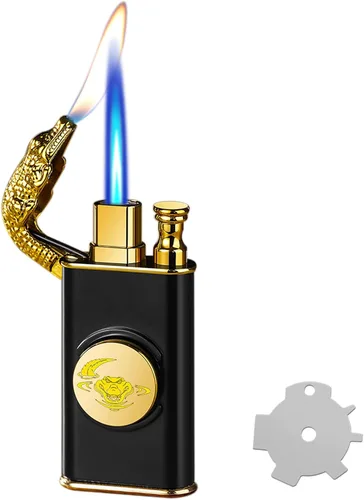 Vista 10 de Encendedor de antorcha, diseño de cocodrilo en relieve, encendedor mágico de doble llama con herramienta de llama de ajuste, encendedores de butano