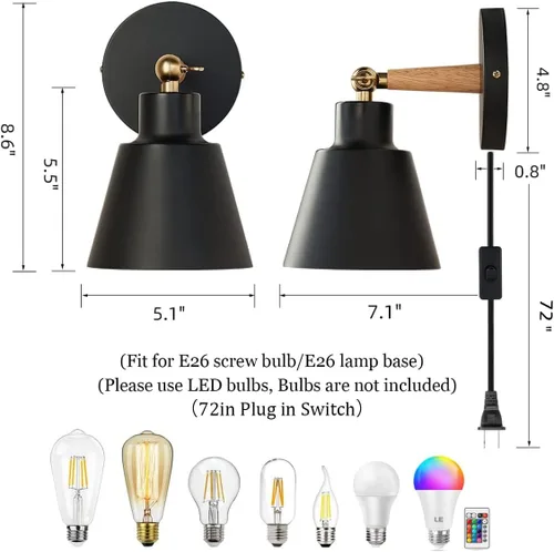Vista 2 de ClanKin Juego de 2 apliques de pared enchufables, lámpara de pared para dormitorio industrial, lámpara de pared para baño, pasillo, sala de estar