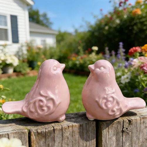 Vista 4 de Estatuas decorativas de pájaro de cerámica, 2 piezas, para decoración del jardín del hogar (azul)