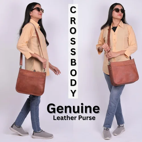 Vista 4 de Bolso cruzado de cuero genuino para mujer, bolso de cuero rústico marrón y marrón, tamaño mediano con bolsillo con cremallera, bonito bolso de uso