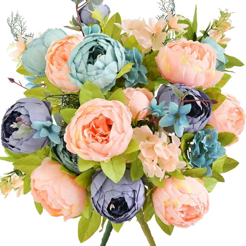Vista 18 de Ramo de peonías artificiales – Juego de 2 tallos de flores de seda sintética – Ramos listos para el estilo para bodas, decoración del hogar, eventos