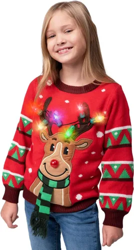 Vista 9 de JOYIN Kid's Christmas Ugly Sweater LED Light Up Reindeer Xmas Sweater Built-in Light Bulbs for Boys Girls