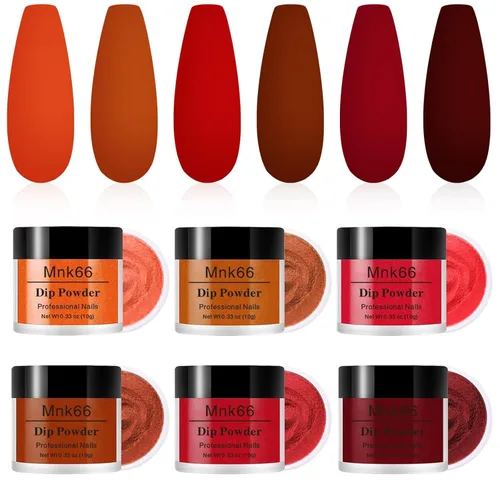 Vista 2 de Juego de polvo de inmersión de 6 colores, set de colores para uñas con vino tinto oscuro, rojo oscuro, naranja, set de polvo de inmersión para uñas