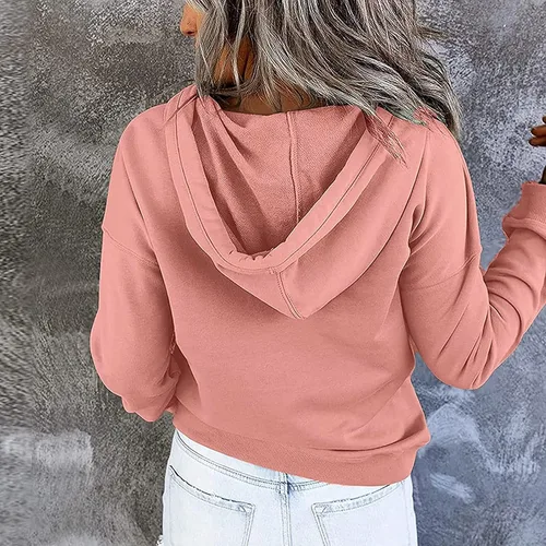 Vista 141 de Sudaderas con capucha para mujer, con cuello de botón, sin botones, con cordón, manga larga, lindas, ropa para adolescentes y niñas
