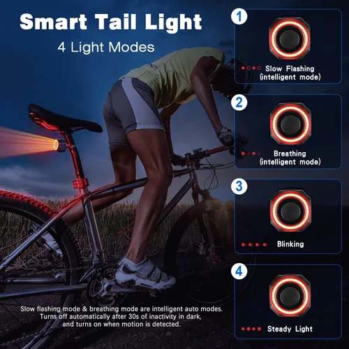 Vista 2 de WSDCAM Luz trasera inteligente para bicicleta, luz de freno para bicicleta, encendido/apagado automático, USB C, recargable, antirrobo, alarma