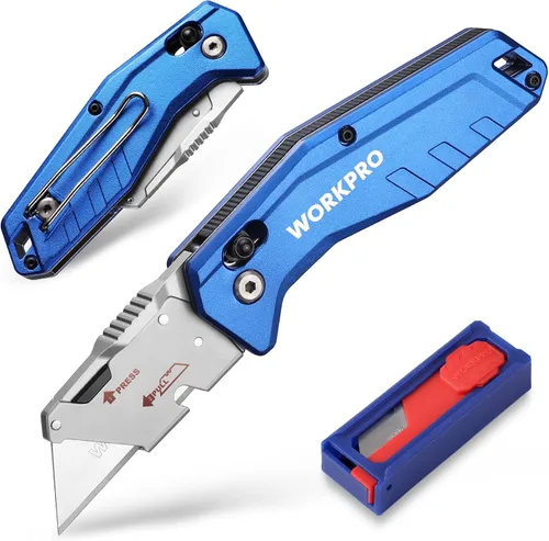 Vista 10 de WORKPRO Cuchillo Utilitario Plegable, Metal Resistente, Cortador de Caja de Bloqueo de Eje de Apertura Rápida, Cuchillo de Hoja de Cambio Rápido, 1