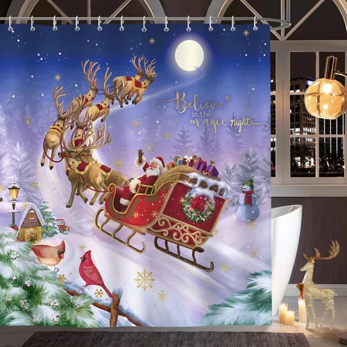 Vista 9 de Bonhause Cortina de Ducha de Árbol de Navidad Cajas de Regalo de Árbol de Navidad Noche Milagrosa Cortina de Baño Decorativa 72 x 72 Pulgadas Tela