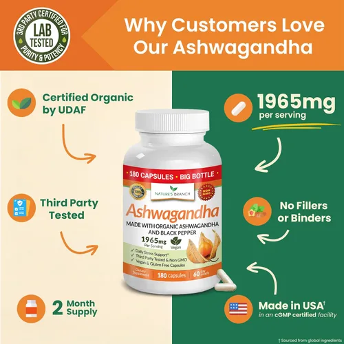 Vista 4 de Ashwagandha orgánica certificada por UDAF con pimienta negra, 1965 mg - Extra fuerte para el estrés, el sueño, el estado de ánimo, la tiroides
