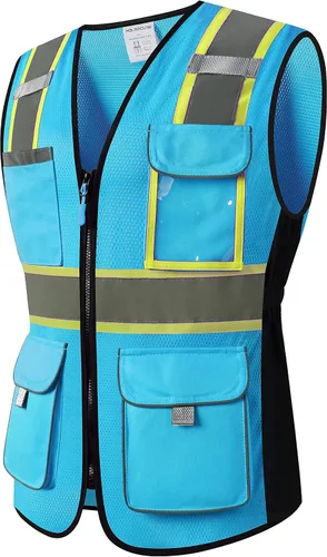 Vista 13 de Chaleco de seguridad para mujeres, chaleco de trabajo reflectante de alta visibilidad con 9 bolsillos múltiples y cremallera Negro