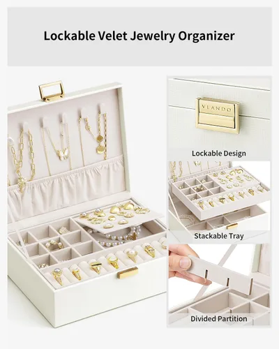Vista 6 de Vlando Regalos de graduación, caja de joyería de 2 capas, regalos para profesores, organizador de joyas grande para mujeres, bandeja de joyería