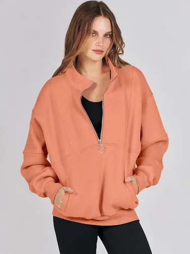 Vista 2 de ANRABESS Sudaderas de forro polar con media cremallera para mujer, de gran tamaño, con cremallera de un cuarto, ropa de moda para otoño de 2024