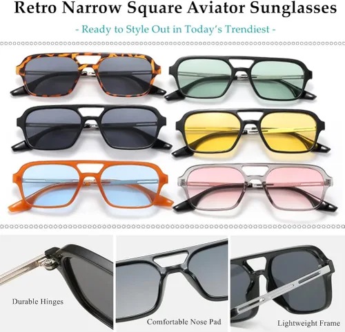 Vista 7 de BAWUYI Gafas de sol estilo aviador cuadradas retro de los años 70 para mujeres y hombres, de moda, vintage, planas, estrechas, tintadas, UV400