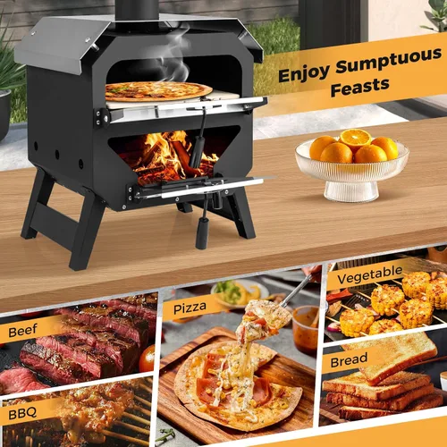 Vista 6 de Happygrill Horno de Pizza para Exteriores, Estufa de Pizza Portátil de 12" de leña con Piedra para Pizza, Pala para Pizza y Funda de Tela Oxford