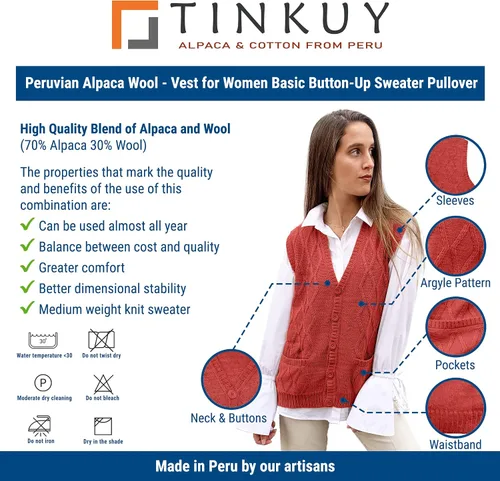 Vista 5 de TINKUY Chaleco peruano de lana de alpaca con cuello en V y rombos para mujer, S-4XL