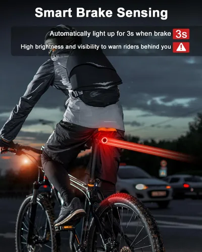 Vista 3 de Luz trasera inteligente para bicicleta, luces traseras con detección de freno, luces de bicicleta para conducción nocturna, recargable