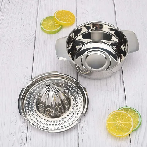 Vista 7 de Exprimidor de limón de acero inoxidable Exprimidor de cítricos Prensa de mano Herramienta de exprimir jugo de naranja con recipiente