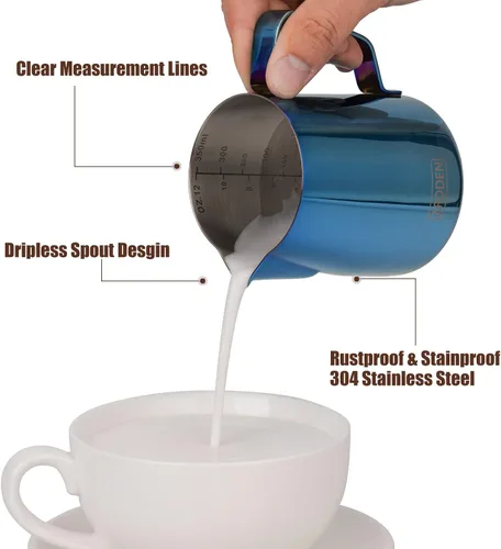 Vista 2 de Jarra de espuma de leche, jarra de vapor de café espresso de 12 onzas, accesorios para máquina de café capuchino de acero inoxidable, herramientas