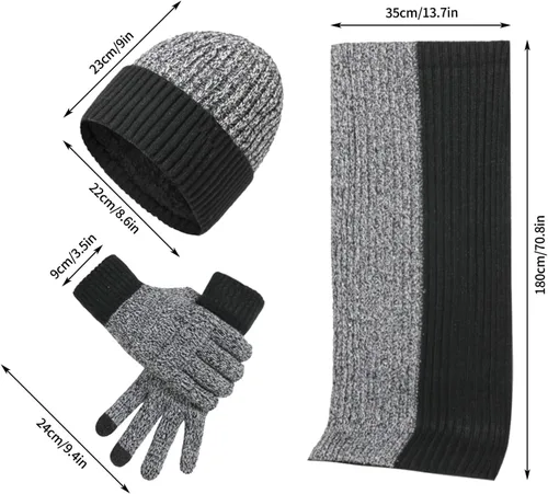 Vista 2 de Conjunto de 3 piezas de gorro de invierno, bufanda, guantes, gorros, gorro de invierno casual, bufanda holgada para hombres y mujeres