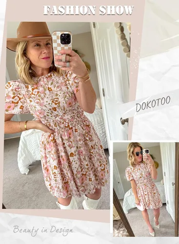 Vista 5 de Dokotoo Vestidos de verano para mujer, cuello redondo, manga abombada, lazo en la espalda, cintura imperio, bohemio, floral, mini vestidos