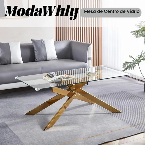 Vista 3 de Mesa de centro de cristal de 47 pulgadas, moderna tapa rectangular de vidrio templado con patas de metal con cruz dorada, mesa central de espacio