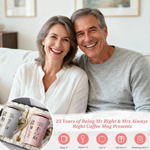 Vista 6 de Biching Regalos de Boda del 25º Aniversario, 25 Años de Ser Mr Right & Mrs Always Right Taza de Café Regalos para Parejas Padres Mujeres Hombres