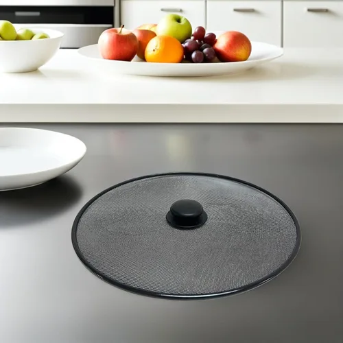 Vista 7 de Mikinona Protector contra salpicaduras de aceite de 13 pulgadas para sartén y olla, malla de acero inoxidable, protector contra salpicaduras de Negro