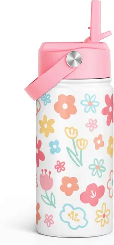 Vista 13 de SANDJEST Botella de agua para niños con tapa con pajilla, botellas de agua de acero inoxidable con aislamiento del alfabeto de 12 onzas para niños
