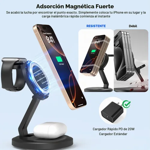Vista 3 de Estación de carga, cargador inalámbrico plegable 3 en 1, estación de carga para iPhone, soporte para múltiples dispositivos para Apple