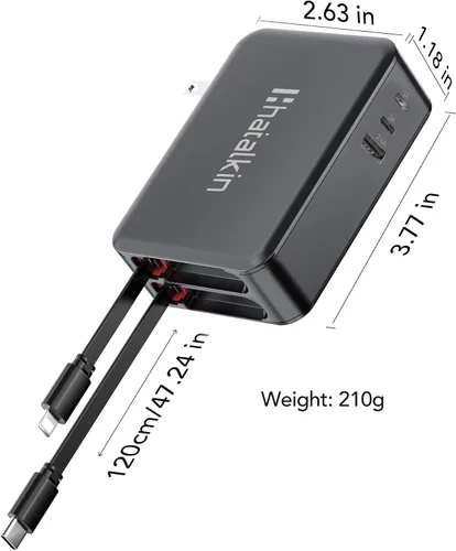 Vista 9 de 65W para cargador MacBook Pro, enchufe de pared retráctil de 5 en 1 para iPhone 17, cable PD USB C de 1,2 m de doble longitud y 3 puertos, bloque