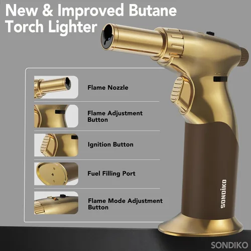 Vista 5 de Sondiko - Encendedor de butano de llama de doble estilo, antorcha de metal premuim Refillable Blow Torch with Continuous Flame Lock, Adjustable