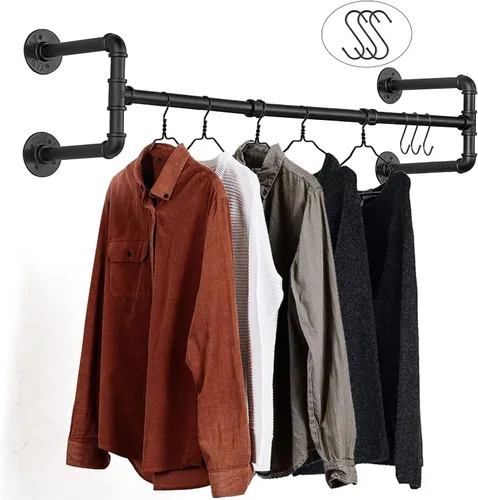 Vista 9 de Perchero de ropa montado en la pared de 36" con tubo industrial, organizador de ropa negro de hierro resistente que ahorra espacio, barra