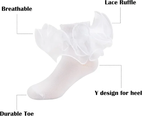 Vista 3 de Calcetines de doble volantes para niñas pequeñas, con ribete de encaje con volantes, color blanco, con tutú, 3 pares
