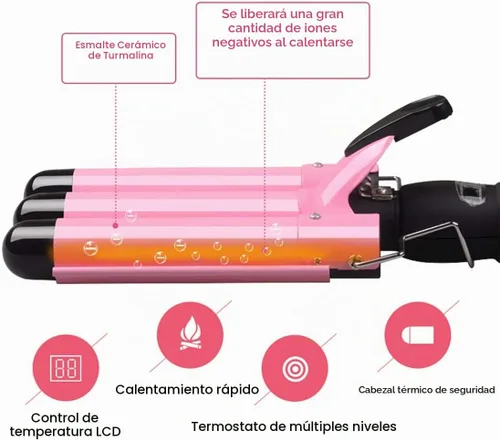 Vista 4 de Plancha rizadora de 3 barriles de cerámica con pantalla LCD y herramienta de doble voltaje para mujeres, ondas de playa con temperatura ajustable