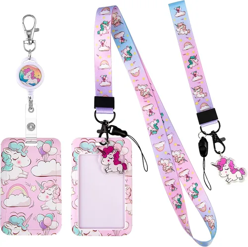 Vista 8 de Cordón con soporte para tarjetas, carrete retráctil con clip para cinturón para tarjetas de identificación, llaves, lindo cordón de cuello de gato