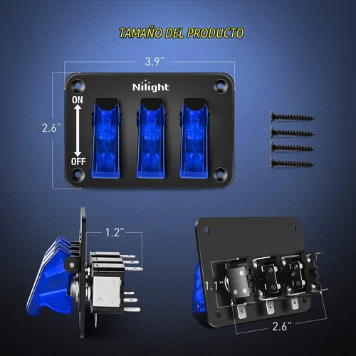 Vista 2 de Nilight - Interruptor de 3 palancas, panel basculante de 12 V con luz LED y cubierta abatible, placa de interruptor de encendido/apagado de alta