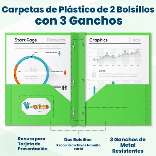 Vista 2 de V-Opitos Paquete de 6 carpetas de plástico de 2 bolsillos con 3 clavijas 6 colores, carpetas de archivos a granel, resistentes, escuela y oficina
