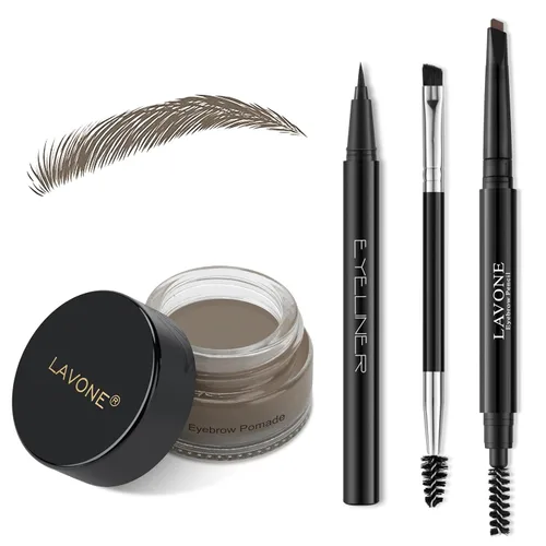 Vista 25 de LAVONE Kit de lápiz de sello para cejas, kit de maquillaje triple con lápiz de ceja impermeable, delineador, pomada de cejas y cepillo de cejas