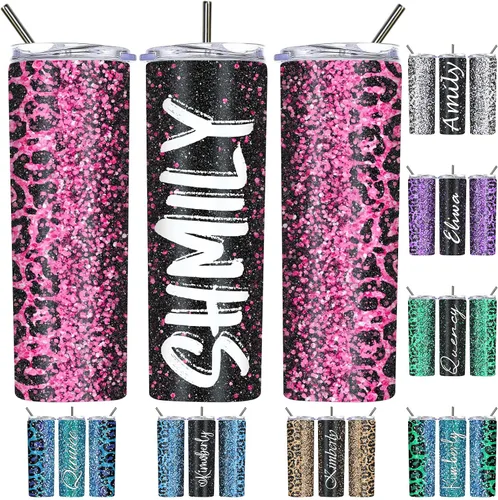 Vista 13 de Vasos personalizados con estampado de leopardo con tapas y pajitas, vasos delgados personalizados de 20 onzas con nombres para mujeres y hombres