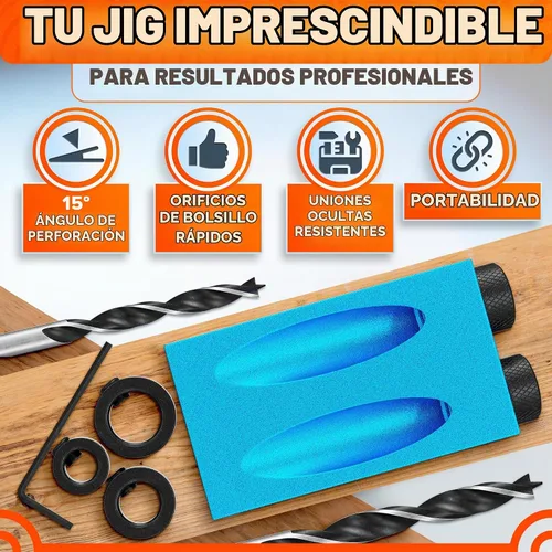 Vista 4 de Kit de plantilla de agujero de bolsillo compacto de 14 piezas con guía de taladro de ángulo de 15°, carpintería oculta para armarios y estantes