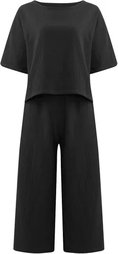 Vista 3 de Traje de lino de algodón liso para mujer, cuello redondo, manga corta, mameluco de piernas anchas, conjunto de pantalones