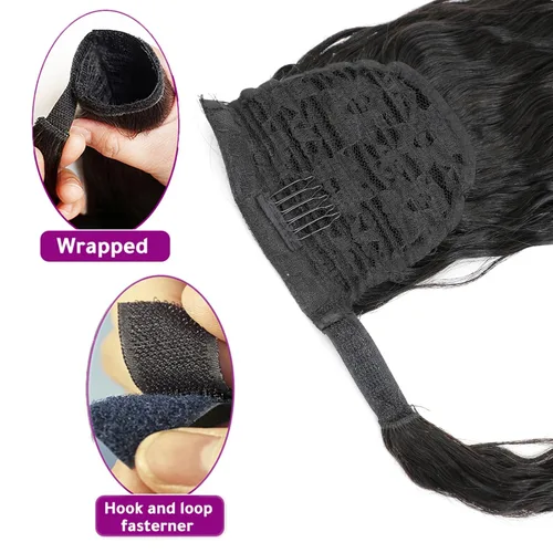 Vista 3 de Extensión de cola de caballo de cabello humano, onda de agua, pasta mágica, ondulado, natural, cola de caballo rizada 100% real, cabello Remy ondas