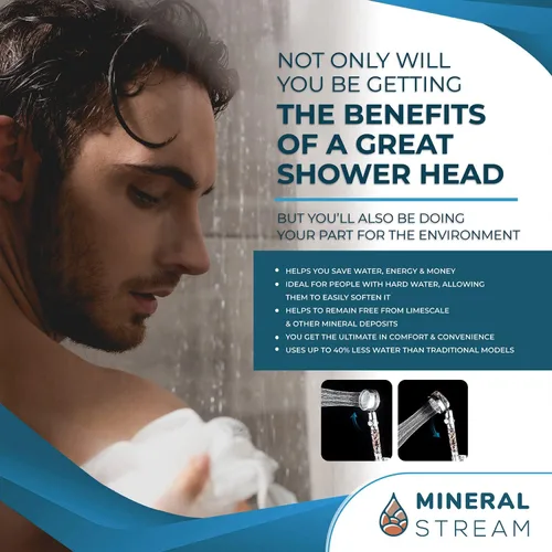 Vista 4 de MineralStream - Cabezal de ducha de mano de alta presión Turbo con piedras minerales para filtración, perfecto para cabello seco y piel, cabezal
