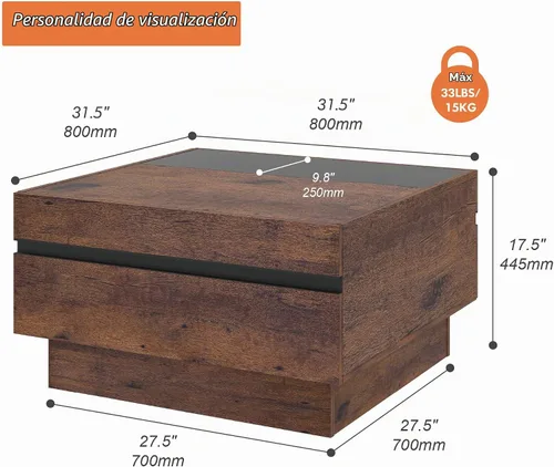 Vista 2 de WAMPAT Mesa de centro moderna, mesa de centro cuadrada para sala de estar con parte superior de vidrio templado y dos grandes cajones