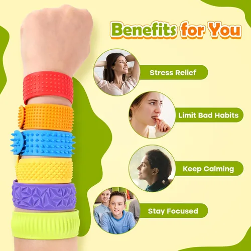 Vista 4 de Juguetes sensoriales antiestrés para niños: pulseras de silicona texturizada, paquete de 6, alivio del estrés para autismo, TDAH, juguetes