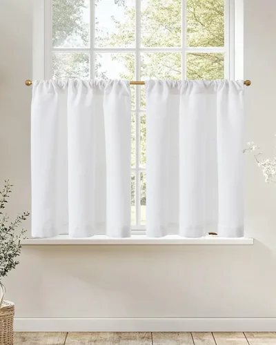 Vista 34 de Jinchan - Cortinas de cocina de lino rústico beige con bolsillo para barra, 26 x 36 pulgadas, 2 paneles