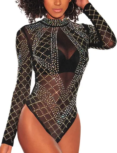 Vista 9 de RED DOT BOUTIQUE 650 - Body de manga larga con diamantes de imitación de malla transparente transparente de talla grande