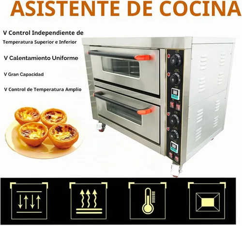 Vista 2 de Horno de pizza comercial Horno de pizza eléctrico móvil de doble cubierta Horno de pizza de acero inoxidable multiusos para restaurante con ruedas