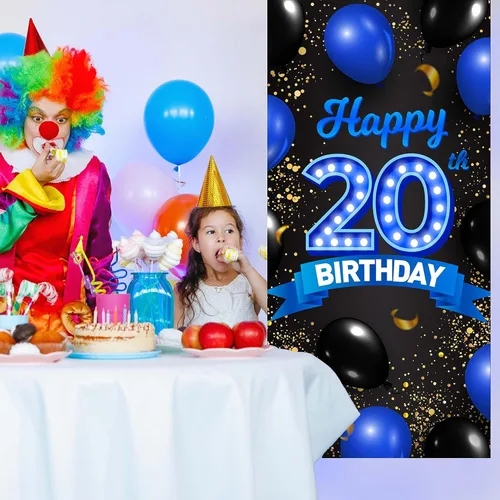 Vista 4 de Cartel de fondo azul y negro de feliz cumpleaños número 20, decoración temática de globos de confeti para niñas y mujeres de 20 años, decoraciones